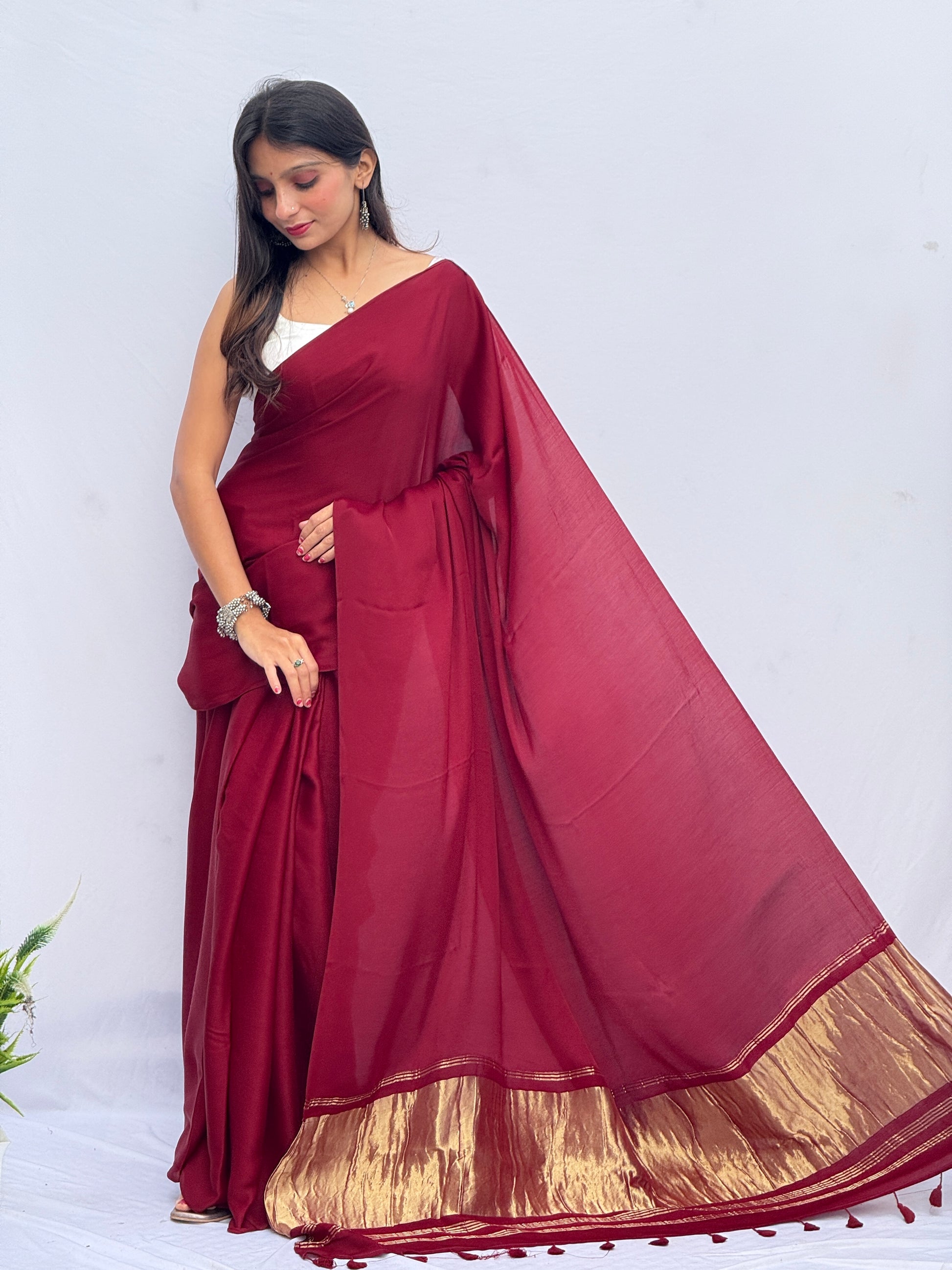 Plain Modal Silk Tissu Pallu Saree - Dark Maroon