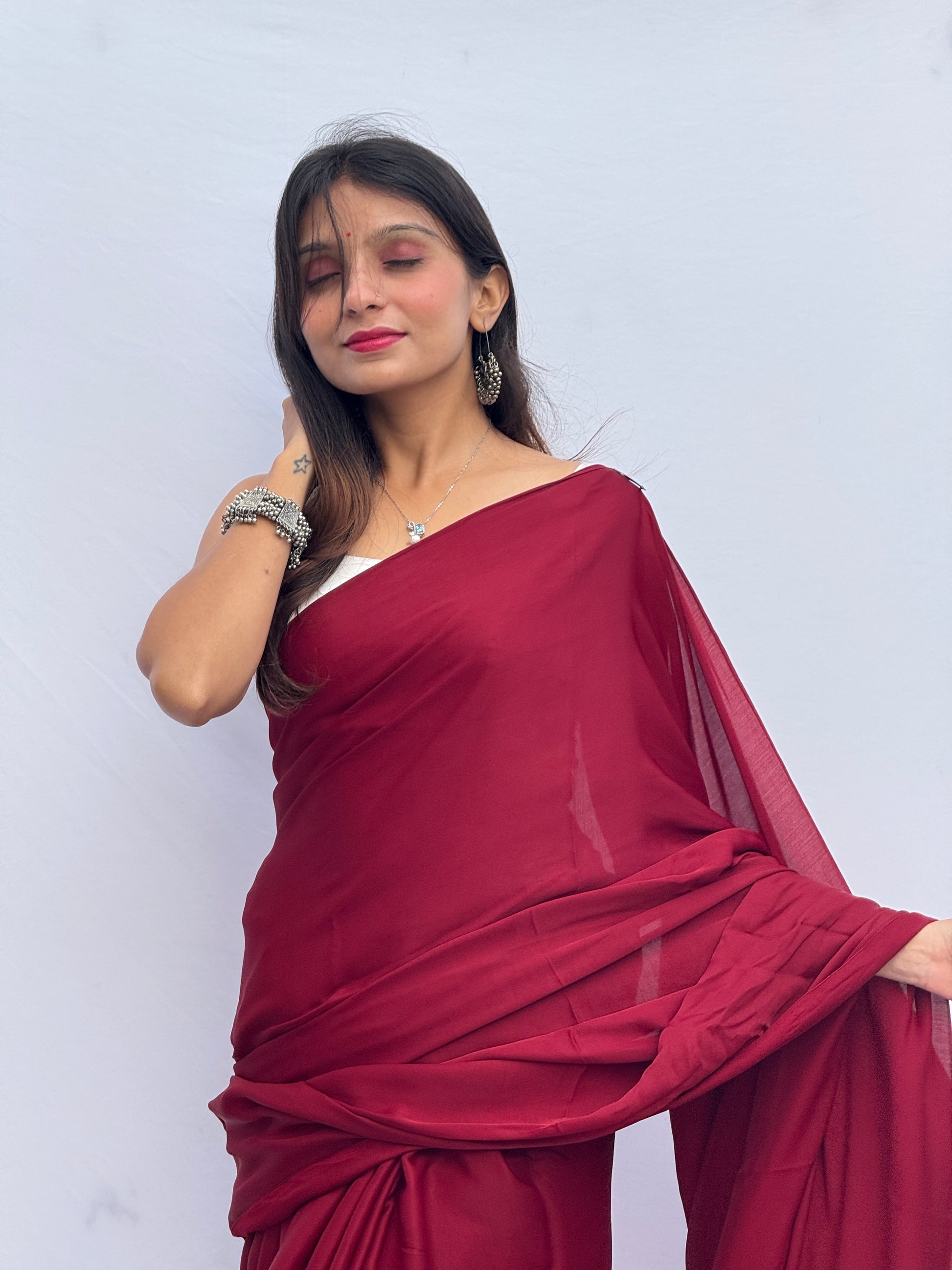Plain Modal Silk Tissu Pallu Saree - Dark Maroon