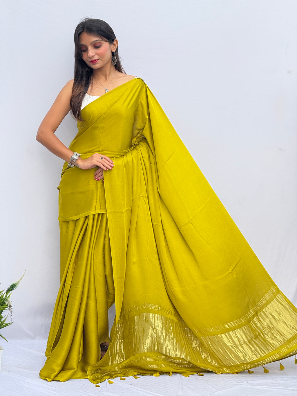 Plain Modal Silk Tissu Pallu Saree - Musturd