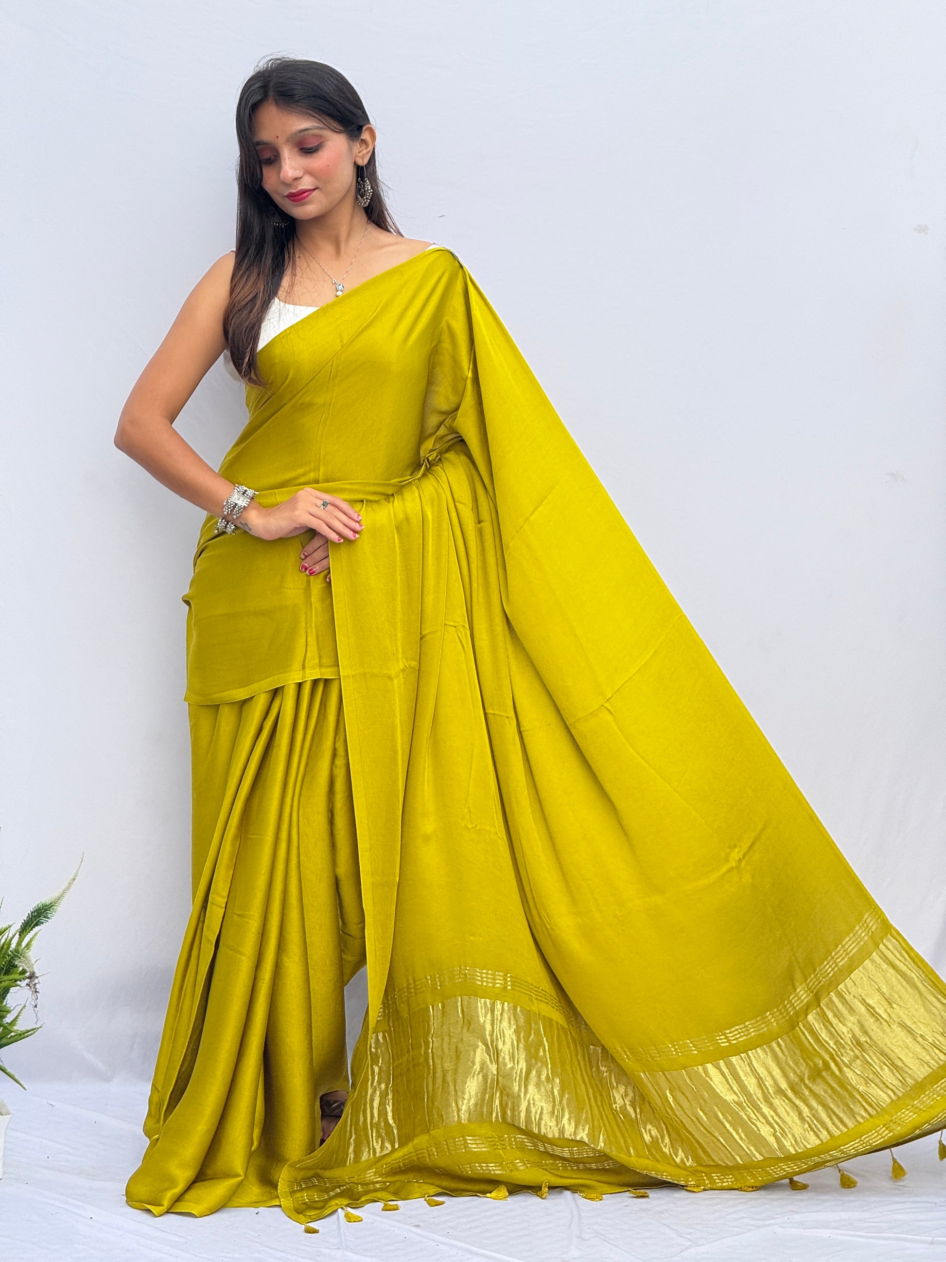 Plain Modal Silk Tissu Pallu Saree - Musturd