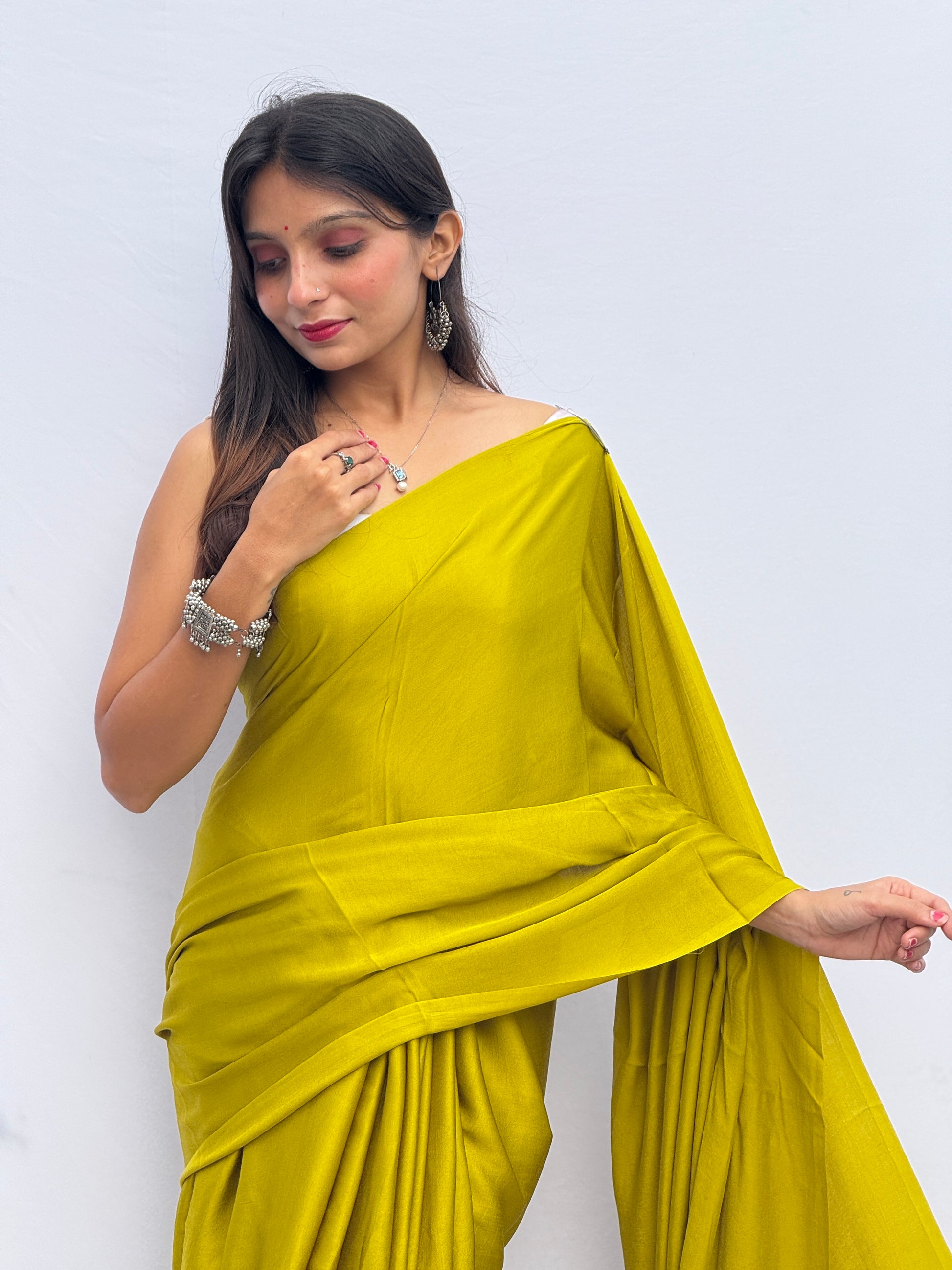 Plain Modal Silk Tissu Pallu Saree - Musturd