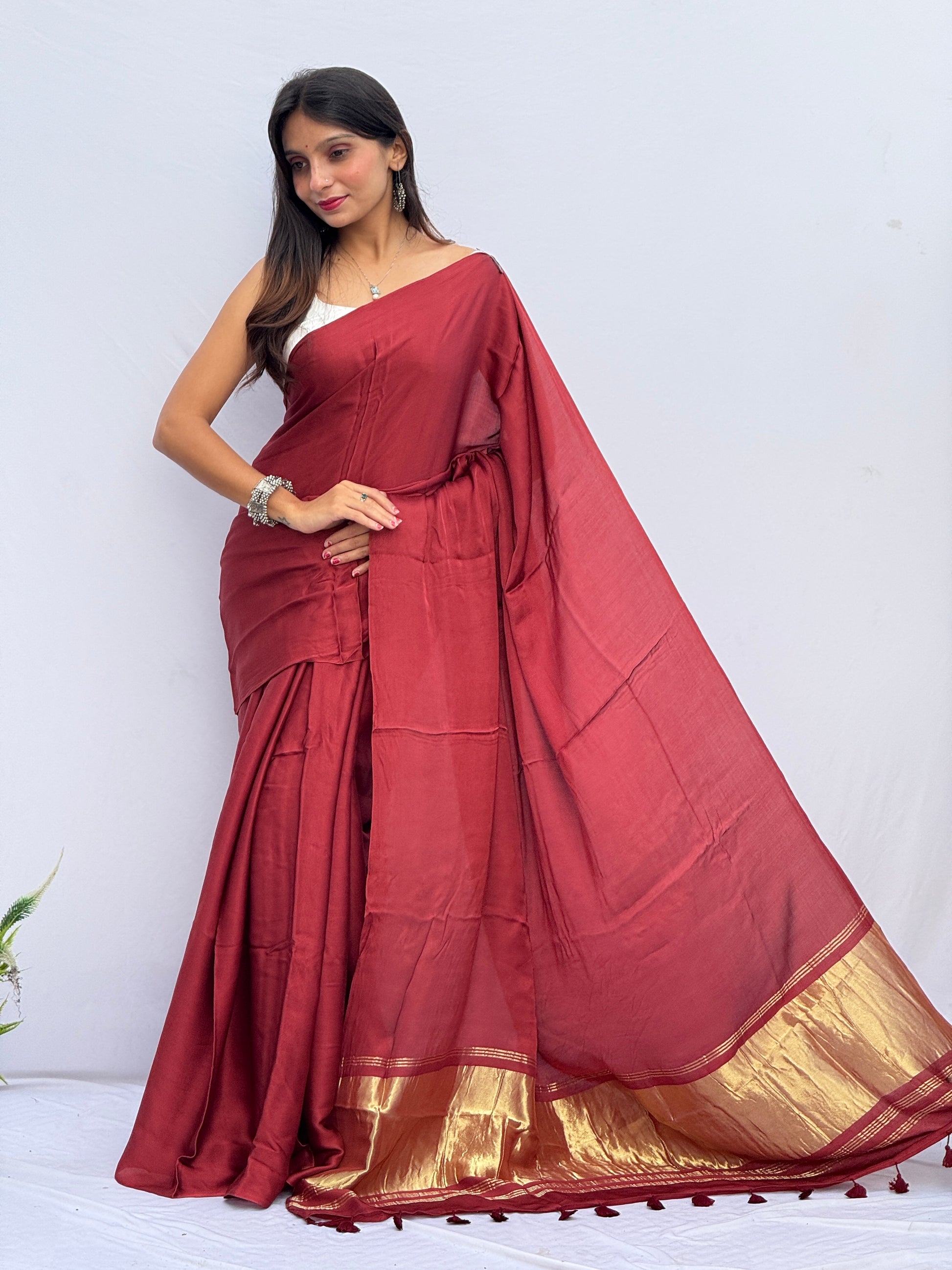 Plain Modal Silk Tissu Pallu Saree - Ladies Maroon