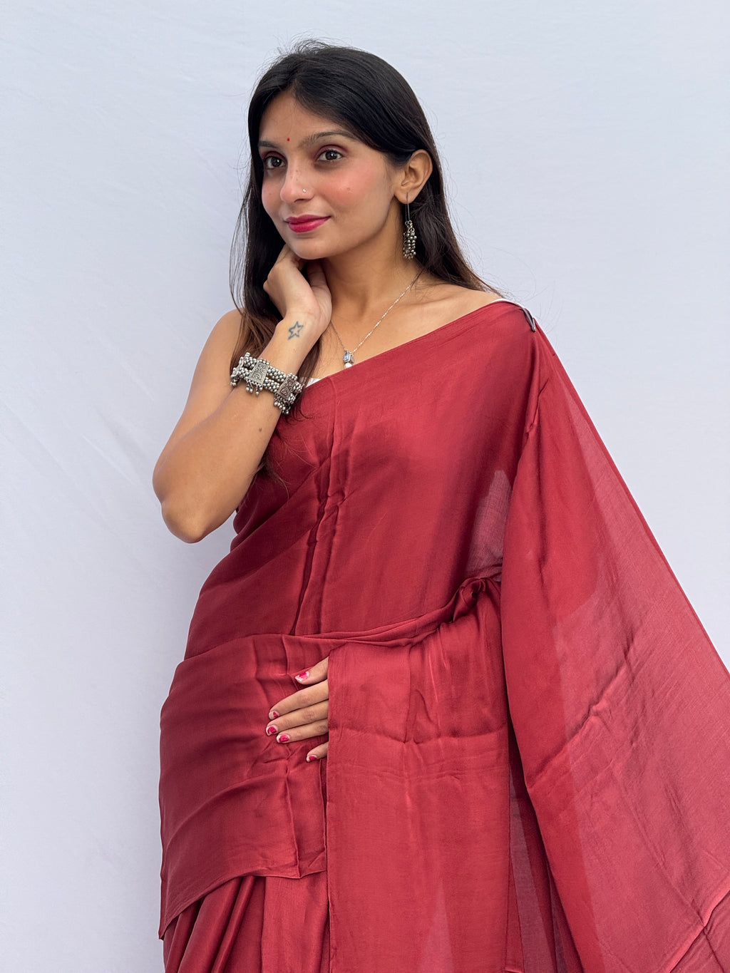 Plain Modal Silk Tissu Pallu Saree - Ladies Maroon