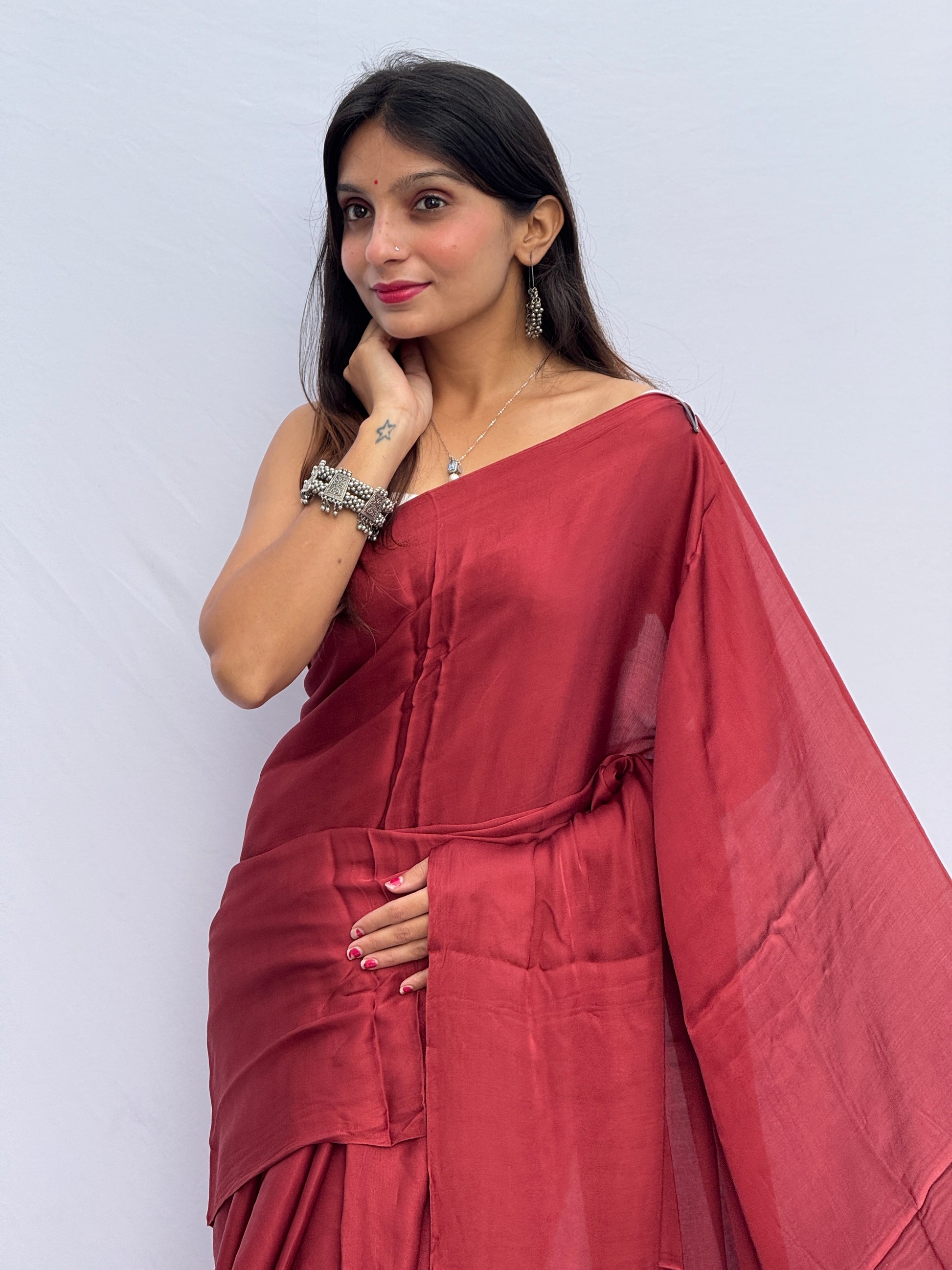 Plain Modal Silk Tissu Pallu Saree - Ladies Maroon