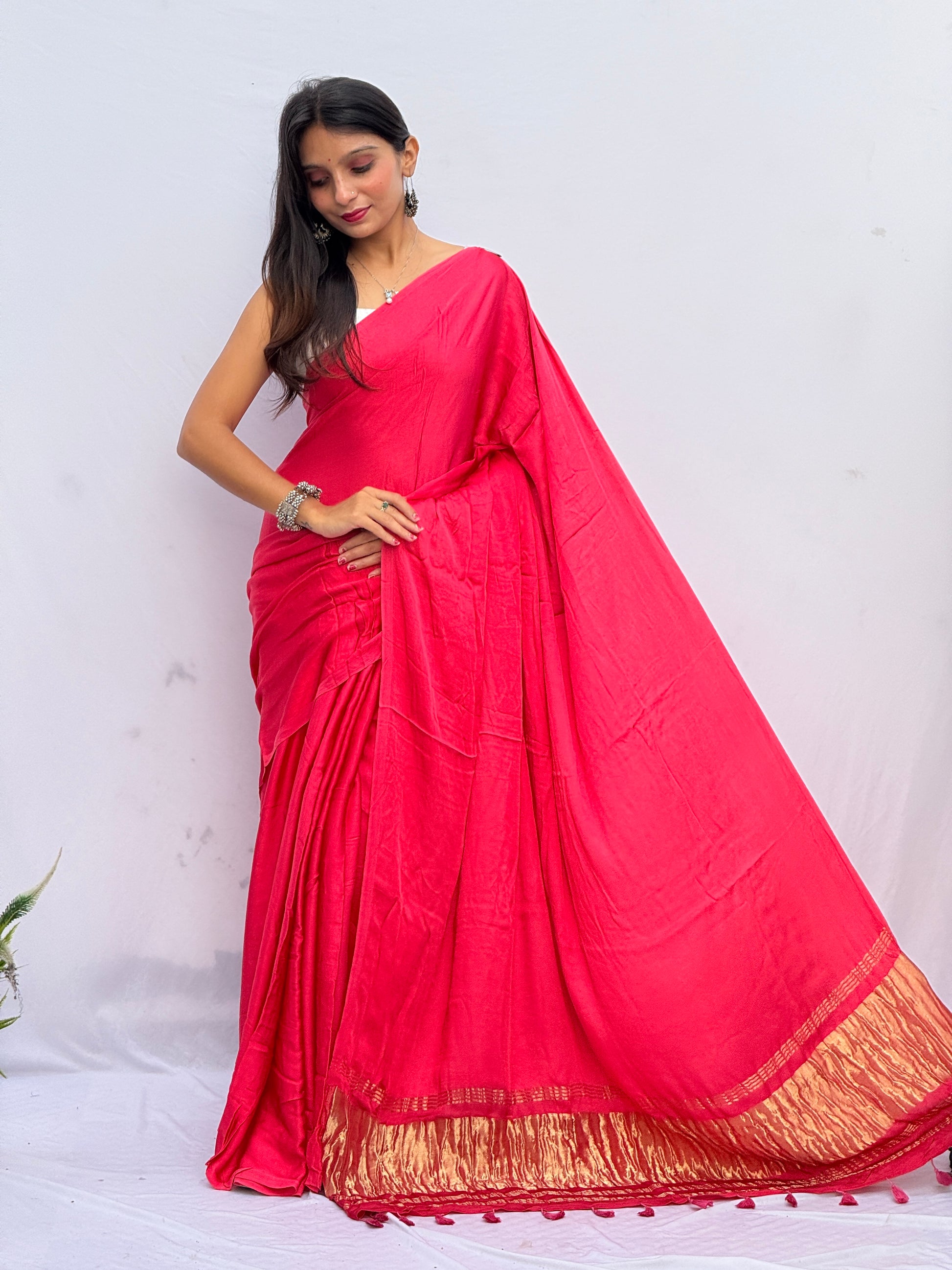 Plain Modal Silk Tissu Pallu Saree - Light Pink