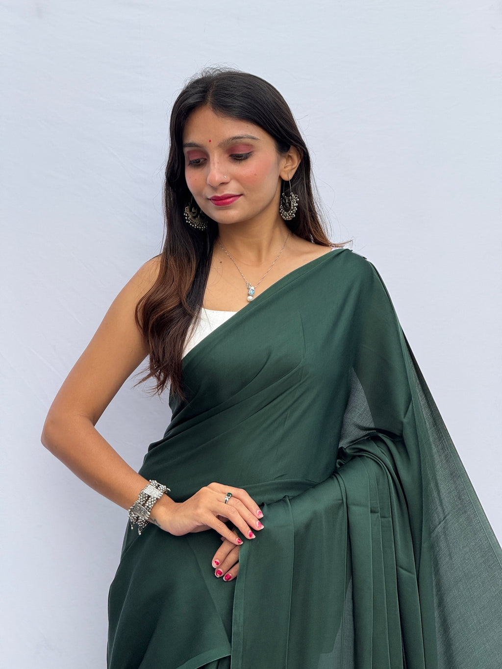 Plain Modal Silk Tissu Pallu Saree - Dark Green