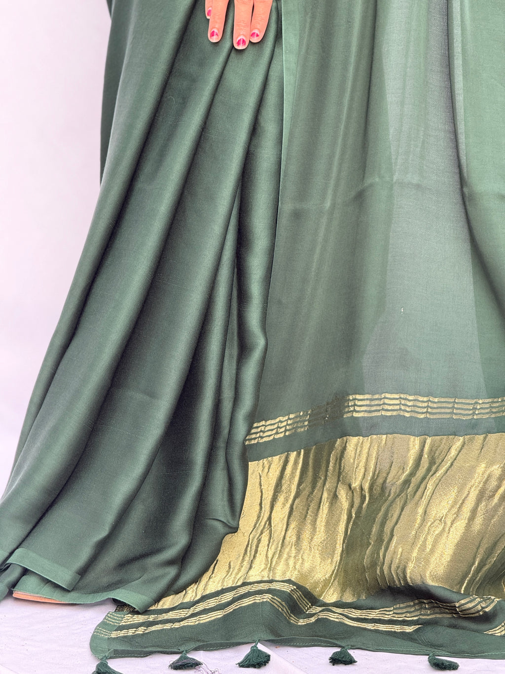 Plain Modal Silk Tissu Pallu Saree - Dark Green