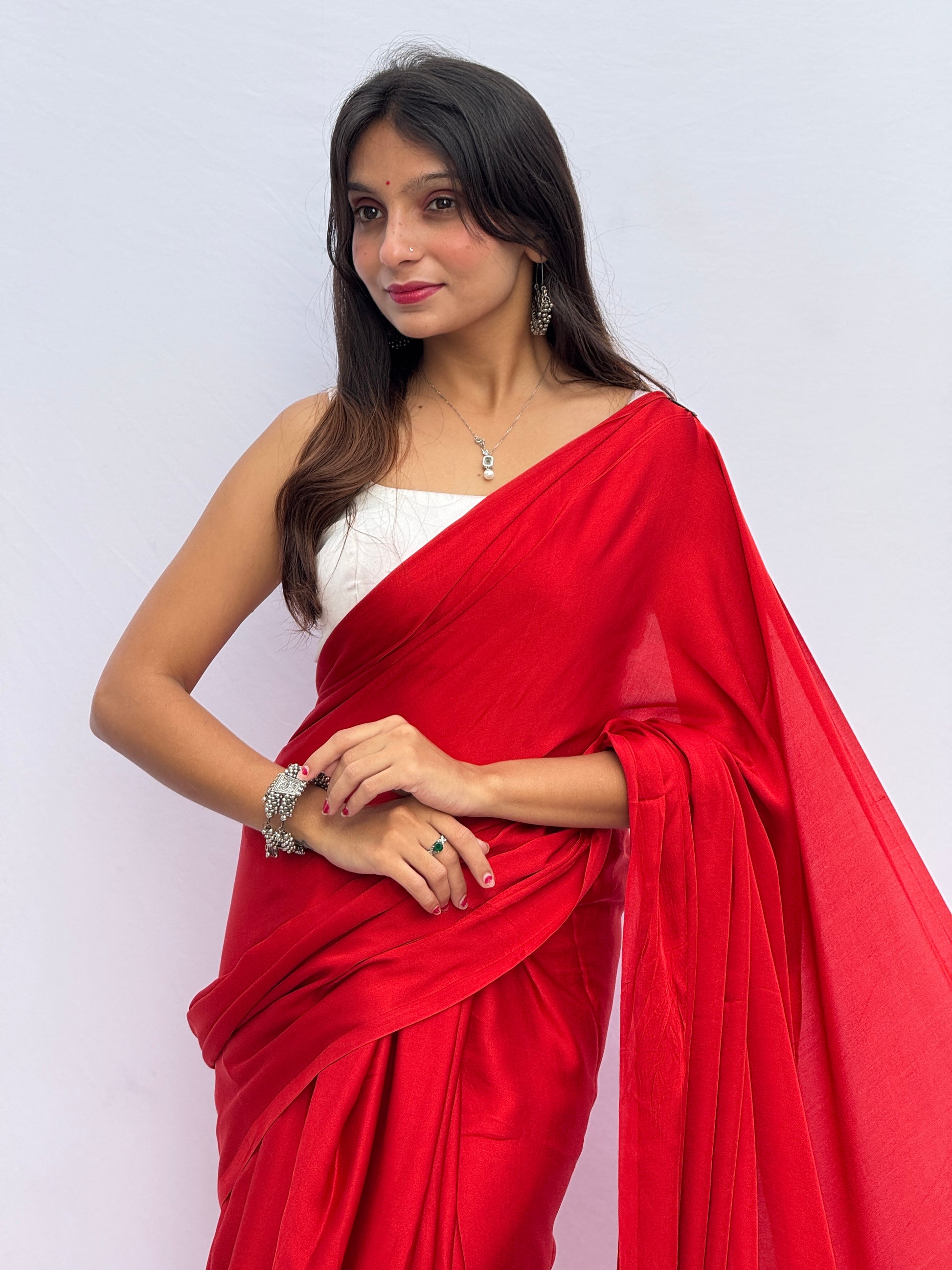 Plain Modal Silk Tissu Pallu Saree - Red