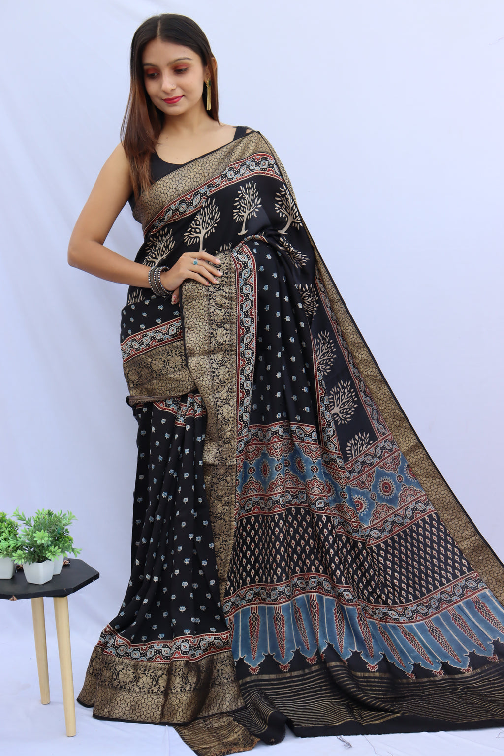 Ajrakh Dola Silk Saree